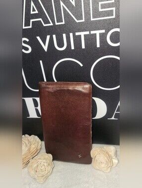CHANEL Camellia Long Bifold Wallet CC Logo Brown/Plum Purse Authentic